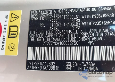 2016 Lexus Rx 350 z USA, uszkodzony, nr VIN 2T2ZZMCA1GC002750